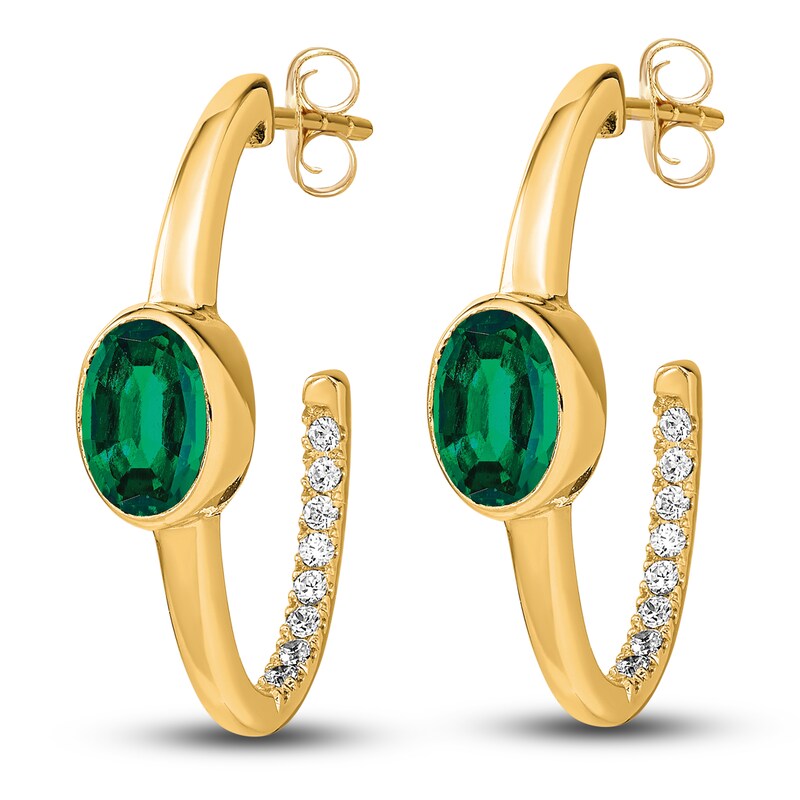 Main Image 2 of Natural Emerald Hoop Earrings 1/5 ct tw Diamonds 14K Yellow Gold