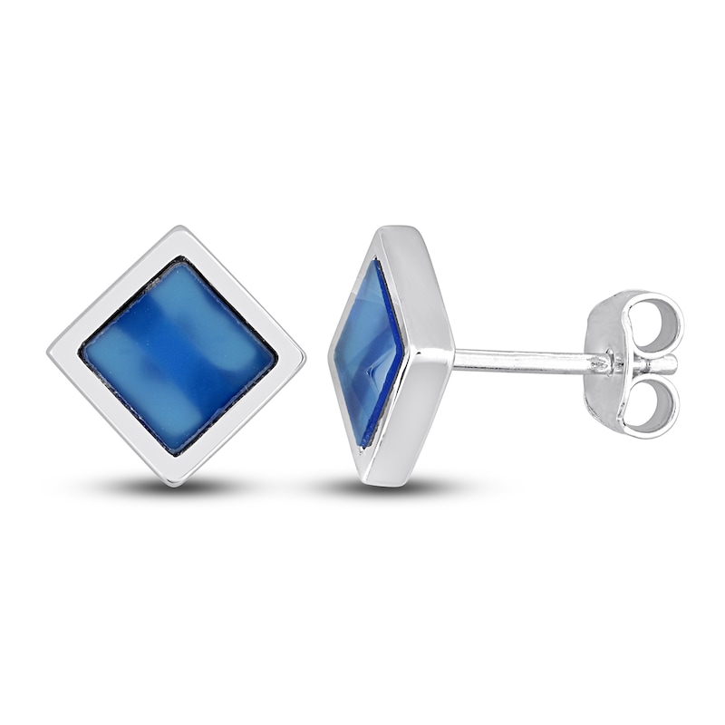 Men's Natural Blue Agate Stud Earrings Sterling Silver