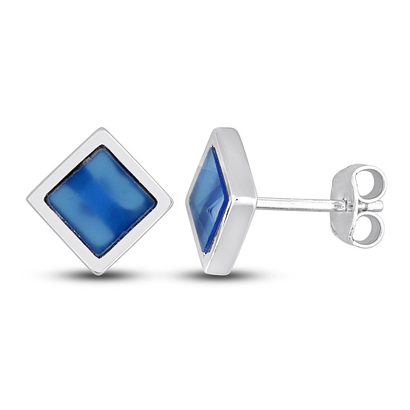 Main Image 1 of Men's Natural Blue Agate Stud Earrings Sterling Silver