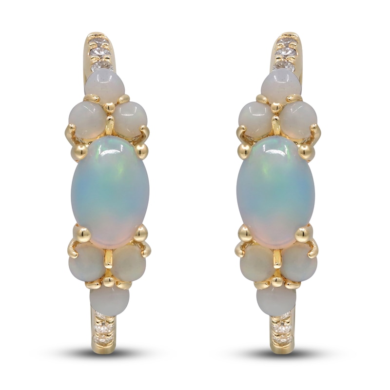 Main Image 1 of Natural Opal & Diamond Hoop Earrings 1/10 ct tw 14K Yellow Gold
