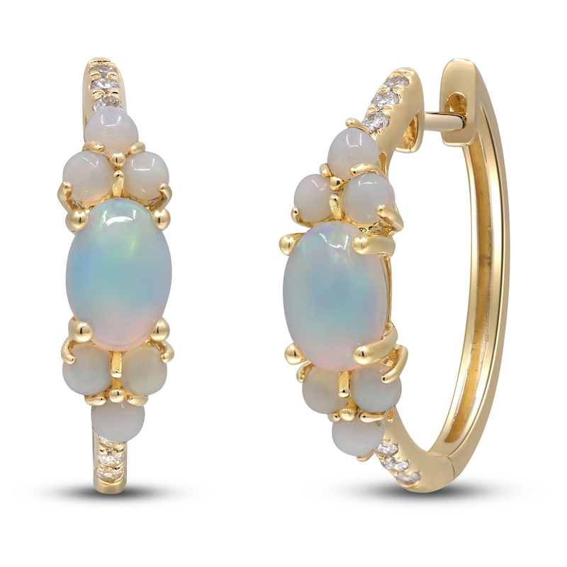 Main Image 2 of Natural Opal & Diamond Hoop Earrings 1/10 ct tw 14K Yellow Gold