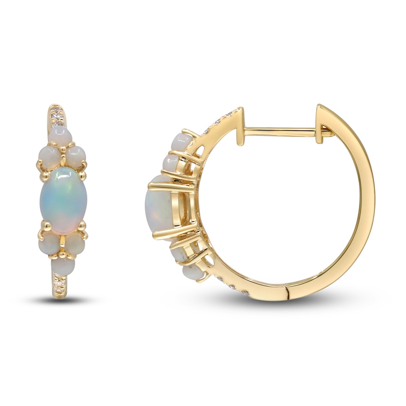 Main Image 3 of Natural Opal & Diamond Hoop Earrings 1/10 ct tw 14K Yellow Gold