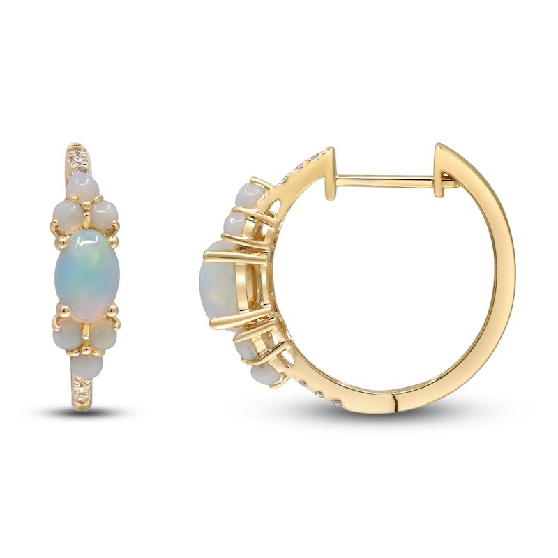 Natural Opal & Diamond Hoop Earrings 1/10 ct tw 14K Yellow Gold