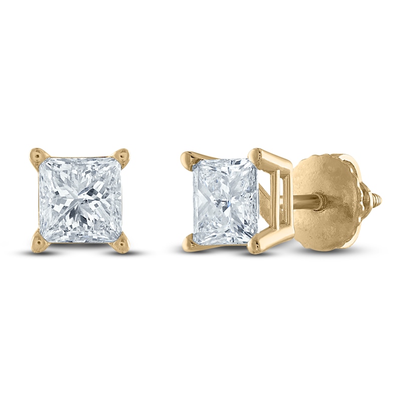 Main Image 2 of Certified Princess-Cut Diamond Solitaire Stud Earrings 3/4 ct tw 14K Yellow Gold (I/I1)