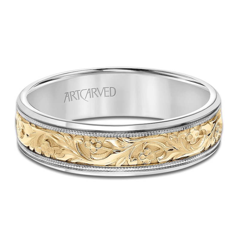 Main Image 3 of ArtCarved Men's Engraved Wedding Band 14K Two-Tone Gold 6mm