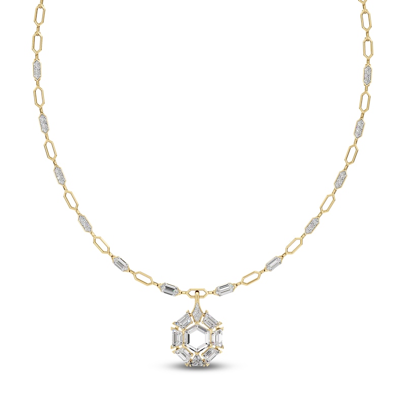 Main Image 1 of J'Lure Hexagon Portrait-Cut, Trapezoid Step-Cut & Trillion Curved Brilliant-Cut Lab-Grown Diamond Necklace 7-1/3 ct tw 14K Yellow Gold 18.5"