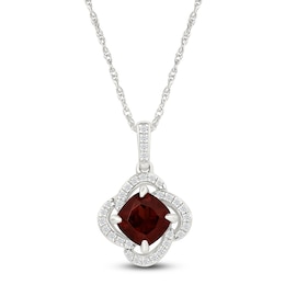 Cushion-Cut Natural Garnet & Diamond Halo Necklace 1/8 ct tw 10K White Gold 18"