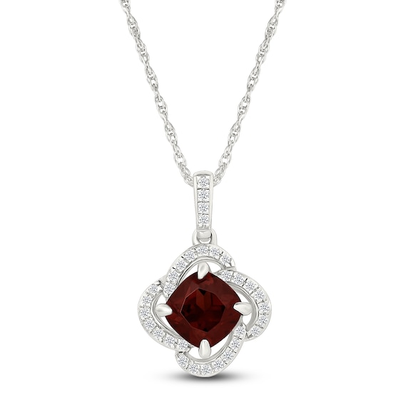 Cushion-Cut Natural Garnet & Diamond Halo Necklace 1/8 ct tw 10K White Gold 18"