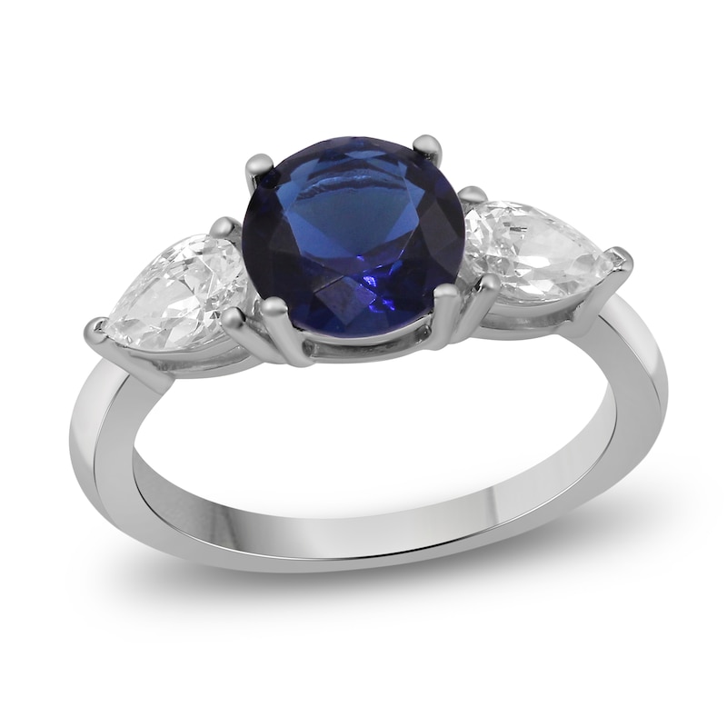 Main Image 1 of Blue & White Lab-Created Sapphire Three-Stone Ring Sterling Silver
