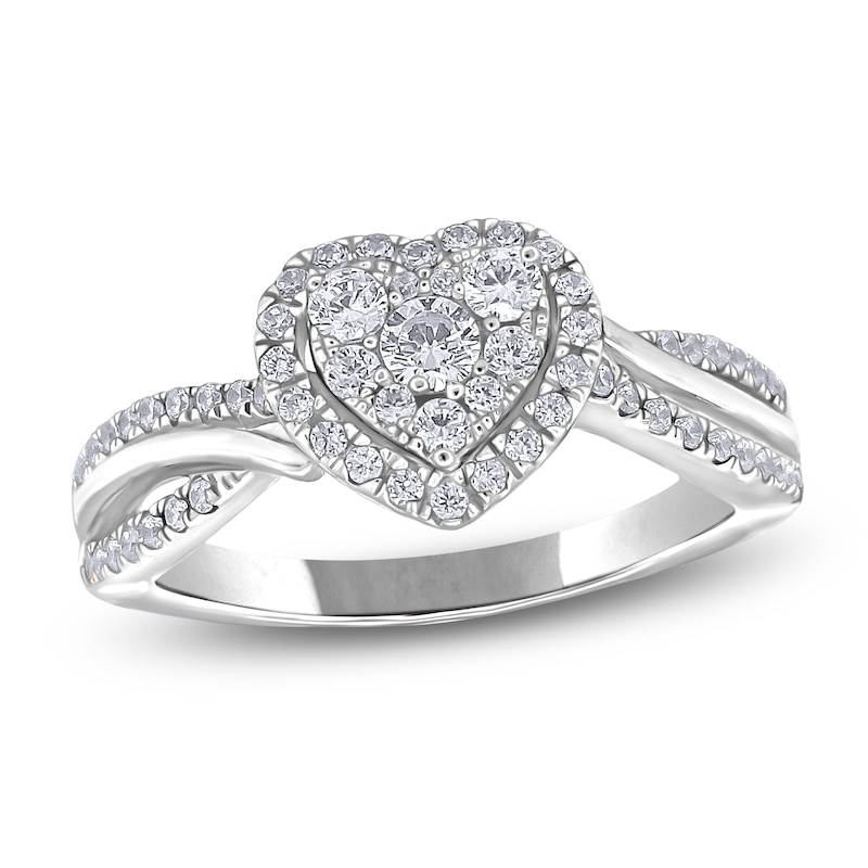 Main Image 1 of Multi-Diamond Heart Halo Promise Ring 1/2 ct tw 10K White Gold