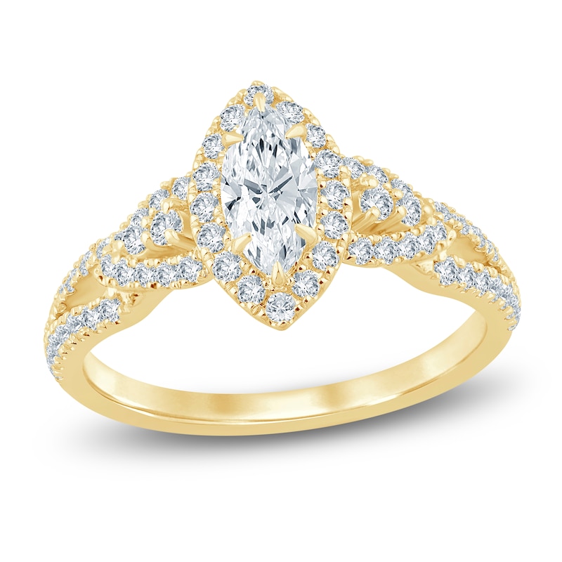 Main Image 1 of Brilliant Moments Certified Marquise-Cut Diamond Halo Engagement Ring 1 ct tw 14K Yellow Gold