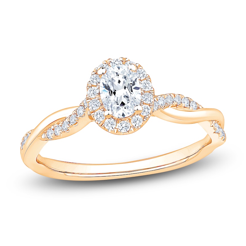 Main Image 1 of Certified Oval-Cut Diamond Halo Twist Shank Engagement Ring 1/2 ct tw 14K Yellow Gold
