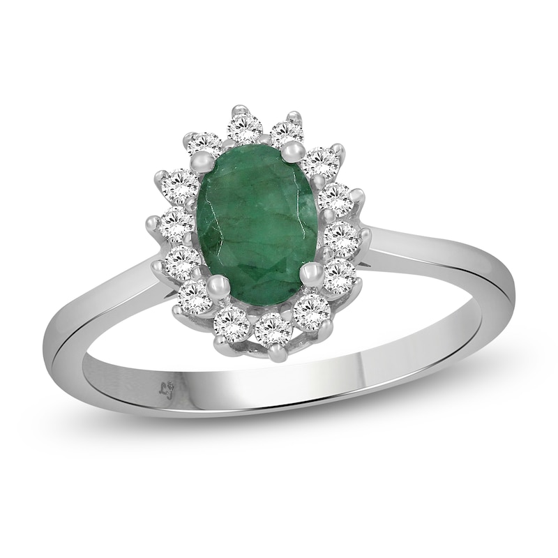 Main Image 1 of Oval-Cut Natural Emerald & Diamond Starburst Halo Ring 1/5 ct tw 14K White Gold 18"