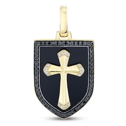 &nbsp;Shy Creation Men's Collection Black & White Diamond and Natural Black Onyx Cross Shield Charm 3/8 ct tw 14K Yellow Gold BM00133