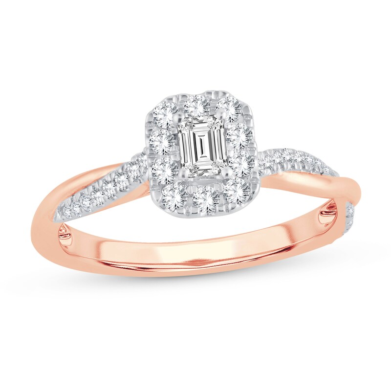 Diamond Promise Ring 1/2 ct tw Emerald/Round 10K Rose Gold