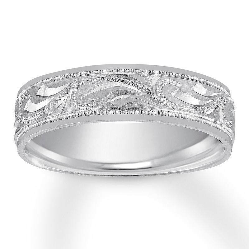 Carved Wedding Band 14K White Gold 6mm