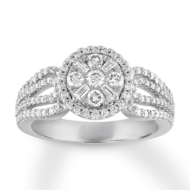 Round/Baguette Diamond Ring 3/4 Carat tw 10K White Gold