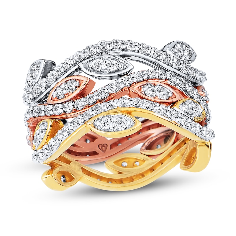 Diamond Leaf Ring 2 ct tw Round 14K Tri-Tone Gold