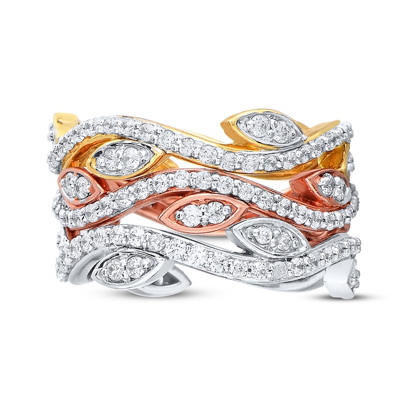 Diamond Leaf Ring 2 ct tw Round 14K Tri-Tone Gold