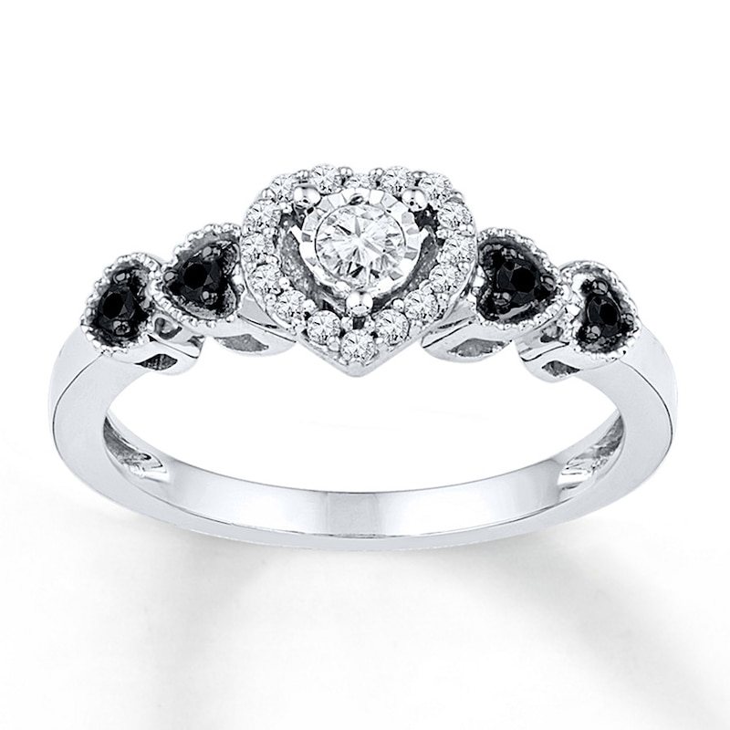 Heart promise ring in sterling silver with 1/5ctw black and white diamonds
