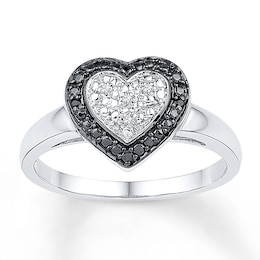 Black/White Diamond Heart Ring Sterling Silver