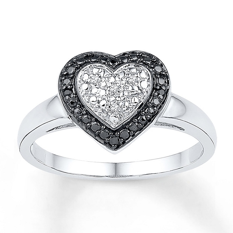 Black/White Diamond Accent Heart Ring Sterling Silver