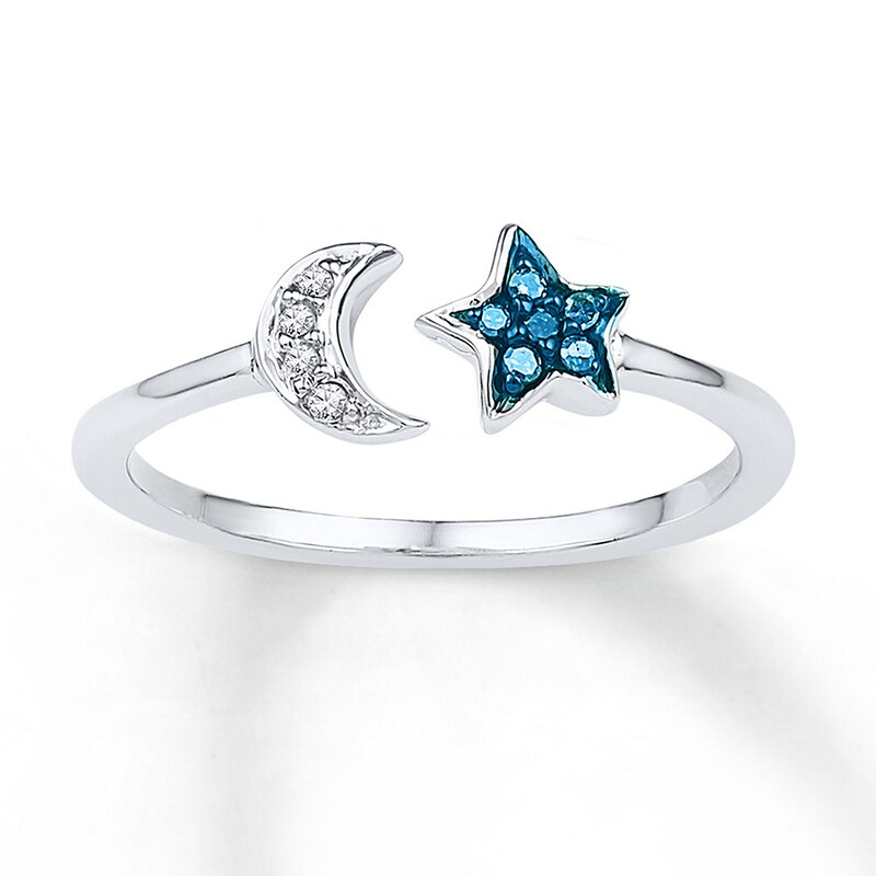 Midi Star Ring Blue/White Diamonds Sterling Silver