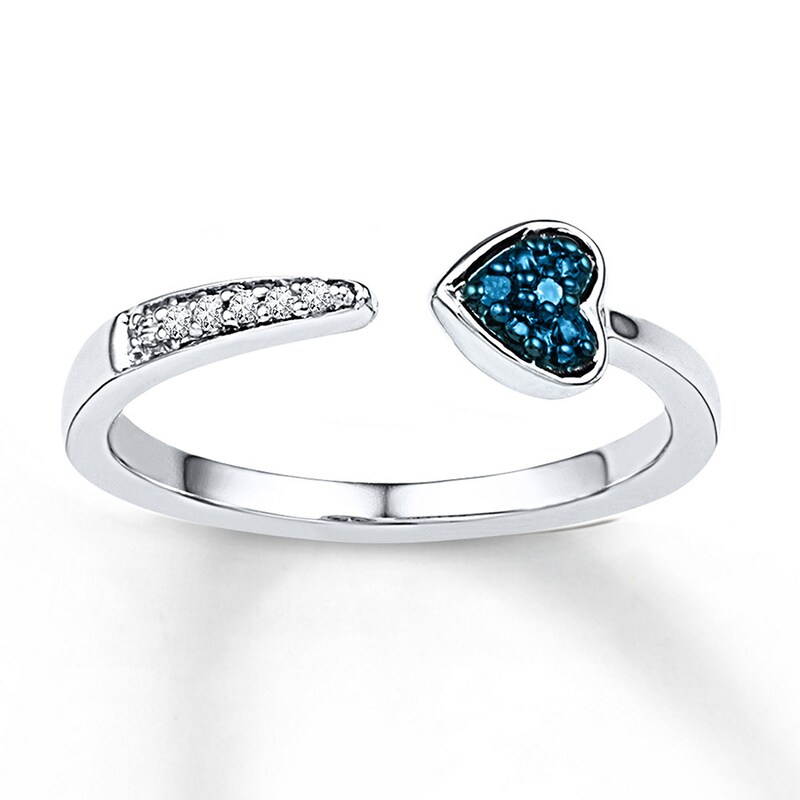 Midi Heart Ring Blue/White Diamonds Sterling Silver