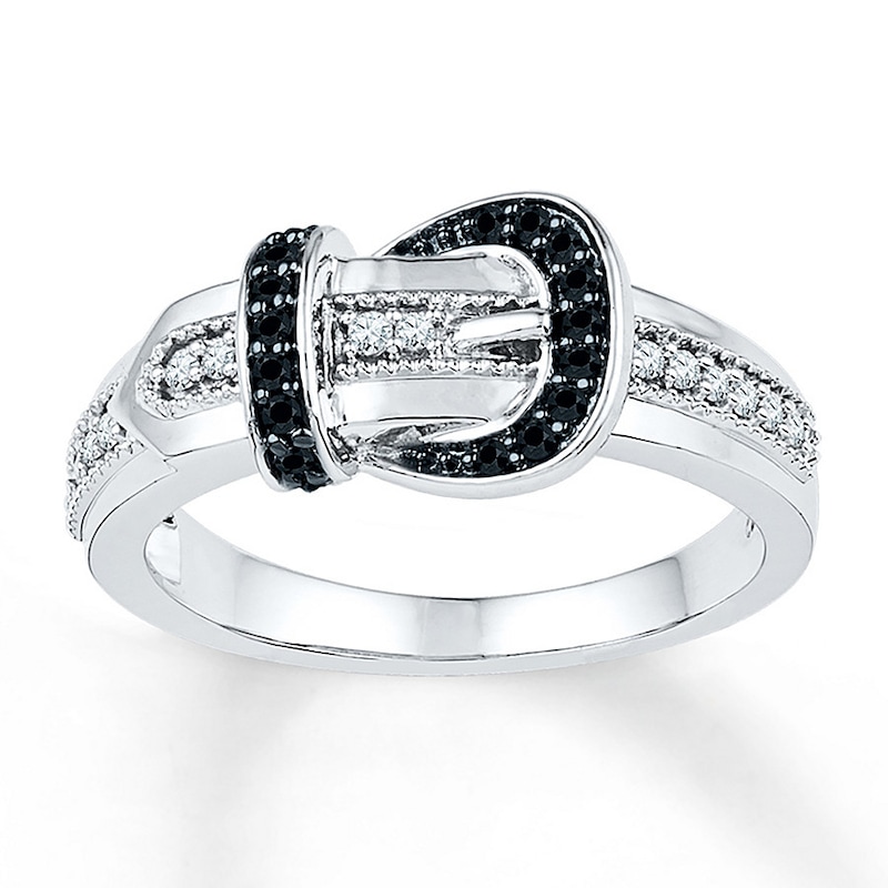 Main Image 1 of Black/White Diamond Belt Buckle Ring 1/5 ct tw Sterling Silver