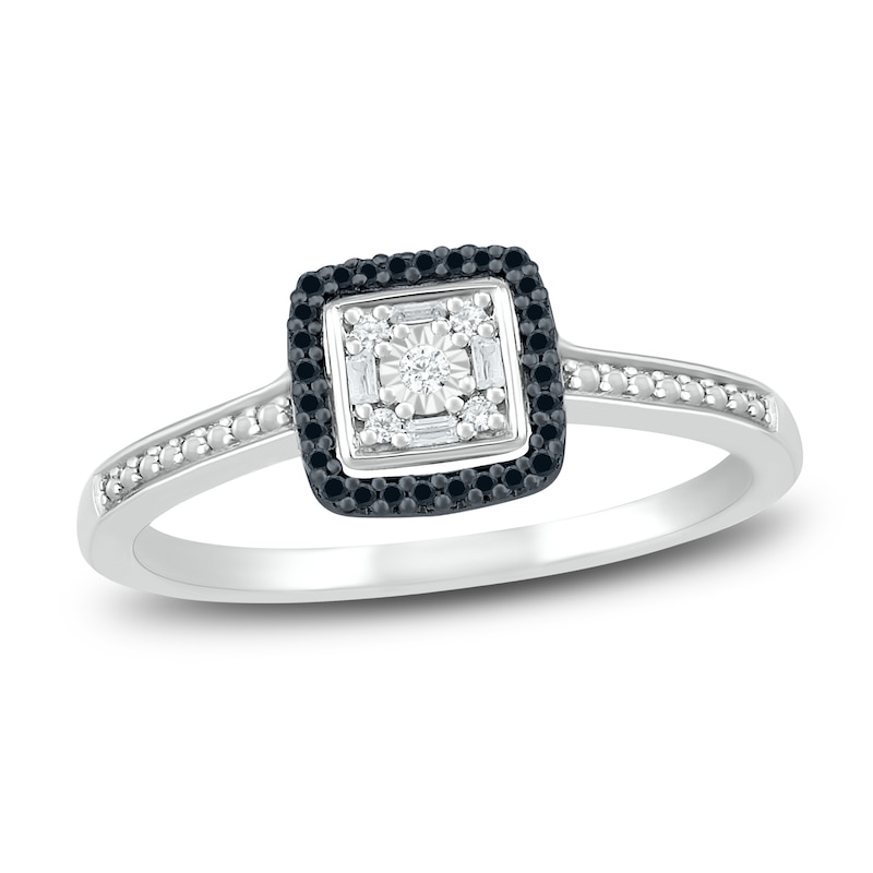 Black & White Diamond Promise Ring 1/8 ct tw Round/Baguette Sterling Silver