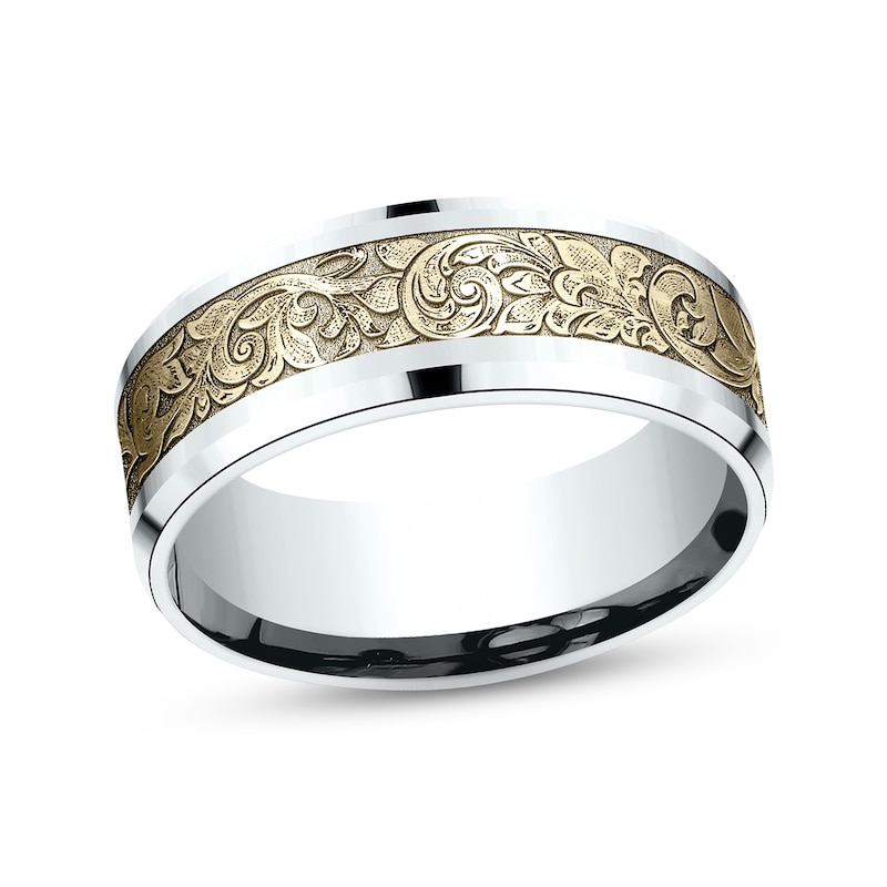 Main Image 1 of Scroll Wedding Band 14K Two-Tone Gold 8mm
