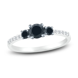 Black Diamond 3-Stone Ring 1/2 ct tw Round 10K White Gold