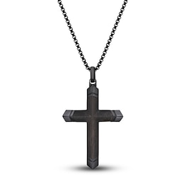Men's Black Wooden Cross Pendant Necklace Stainless Steel 24"