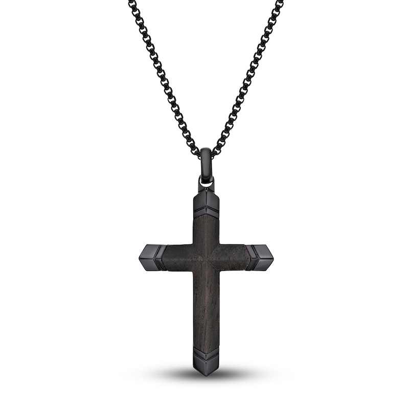 Men's Black Wooden Cross Pendant Necklace Stainless Steel 24