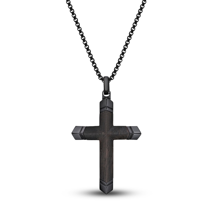 Main Image 1 of Men's Black Wooden Cross Pendant Necklace Stainless Steel 24"