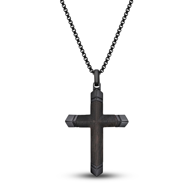 Men's Black Wooden Cross Pendant Necklace Stainless Steel 24"