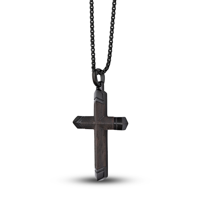 Main Image 2 of Men's Black Wooden Cross Pendant Necklace Stainless Steel 24"