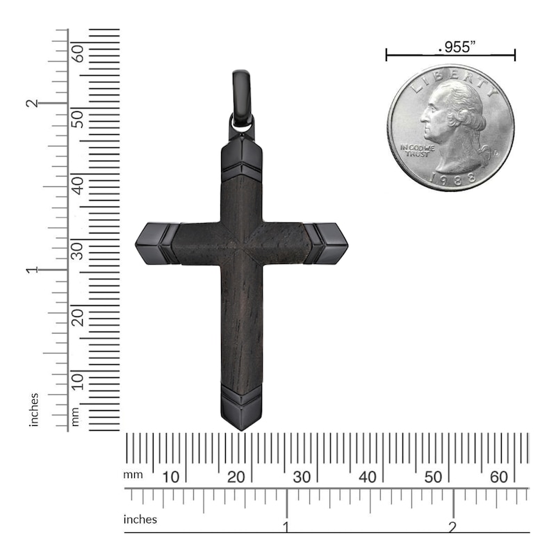 Main Image 3 of Men's Black Wooden Cross Pendant Necklace Stainless Steel 24"