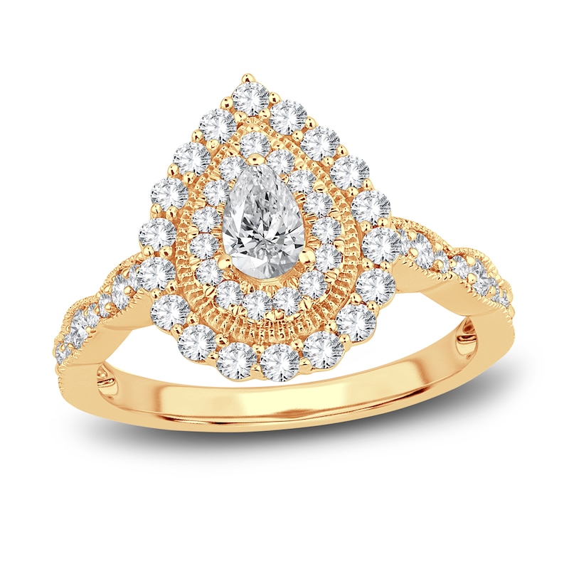 Main Image 1 of Diamond Double Halo Engagement Ring 1 ct tw Pear/Round 14K Yellow Gold