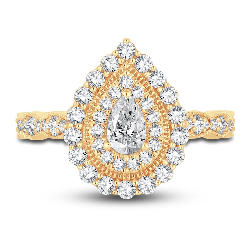 Main Image 3 of Diamond Double Halo Engagement Ring 1 ct tw Pear/Round 14K Yellow Gold
