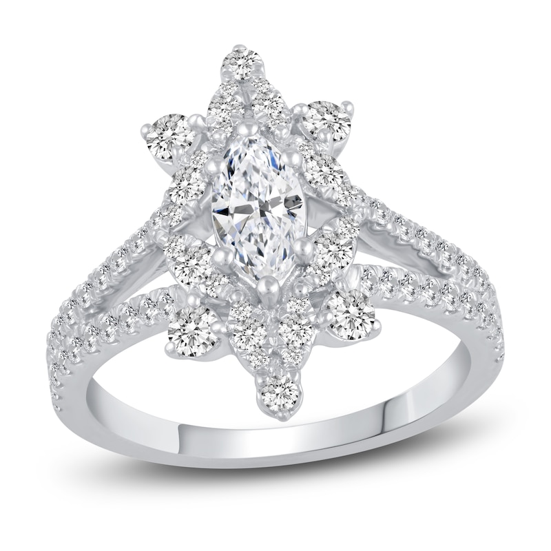 Main Image 1 of Diamond Halo Engagement Ring 1-1/5 ct tw Marquise/Round 14K White Gold