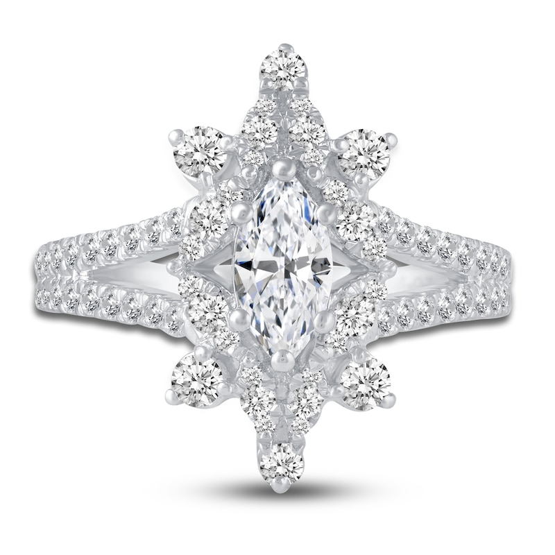 Main Image 3 of Diamond Halo Engagement Ring 1-1/5 ct tw Marquise/Round 14K White Gold