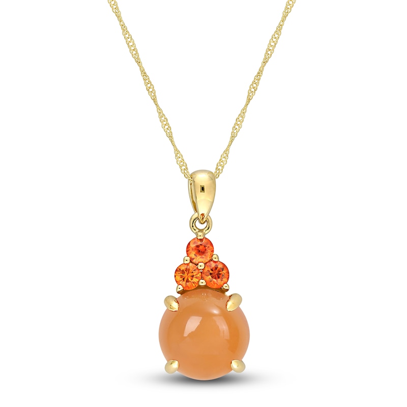 Natural Orange Moonstone & Natural Orange Sapphire Pendant Necklace 14K Yellow Gold 17"