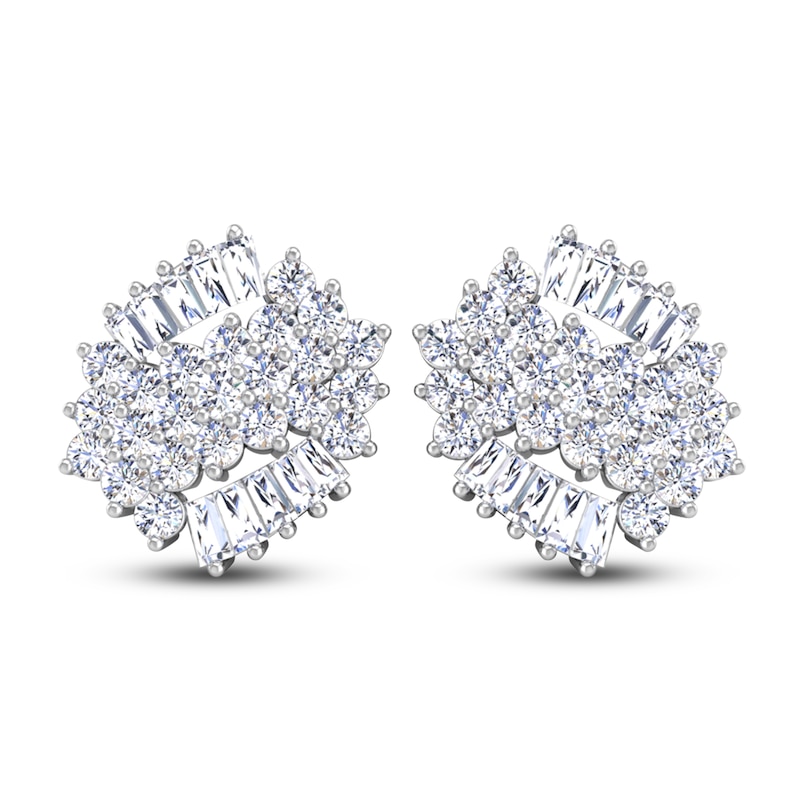 Diamond Stud Earrings 1-1/4 ct tw Round/Baguette 14K White Gold