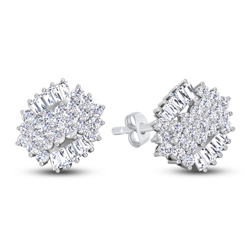 Main Image 2 of Diamond Stud Earrings 1-1/4 ct tw Round/Baguette 14K White Gold