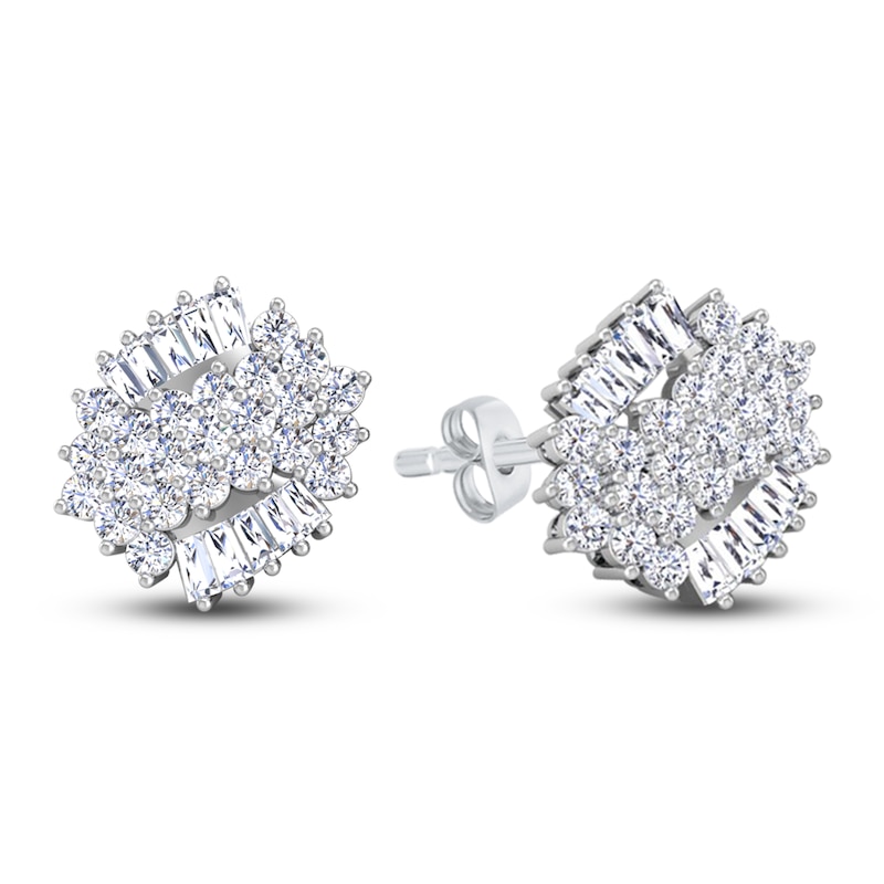 Diamond Stud Earrings 1-1/4 ct tw Round/Baguette 14K White Gold