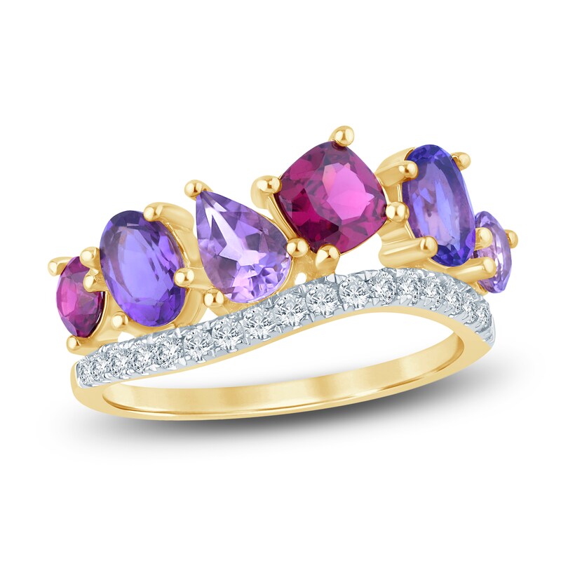 Main Image 1 of Natural Amethyst, Light Amethyst, Rhodolite Garnet & Diamond Multi-Shape Curve Ring 1/4 ct tw 14K Yellow Gold