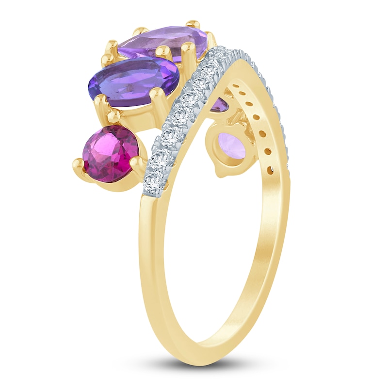 Main Image 2 of Natural Amethyst, Light Amethyst, Rhodolite Garnet & Diamond Multi-Shape Curve Ring 1/4 ct tw 14K Yellow Gold