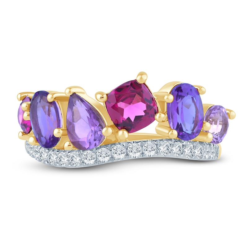 Main Image 3 of Natural Amethyst, Light Amethyst, Rhodolite Garnet & Diamond Multi-Shape Curve Ring 1/4 ct tw 14K Yellow Gold