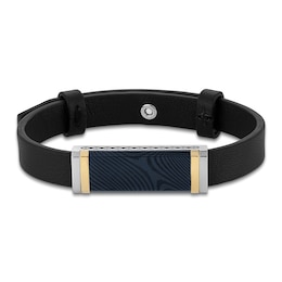 Forged by Jared Men's Leather Bracelet with Sterling Silver, Blue Ion-Plated Damascus Steel & 18K Yellow Gold 8.5"